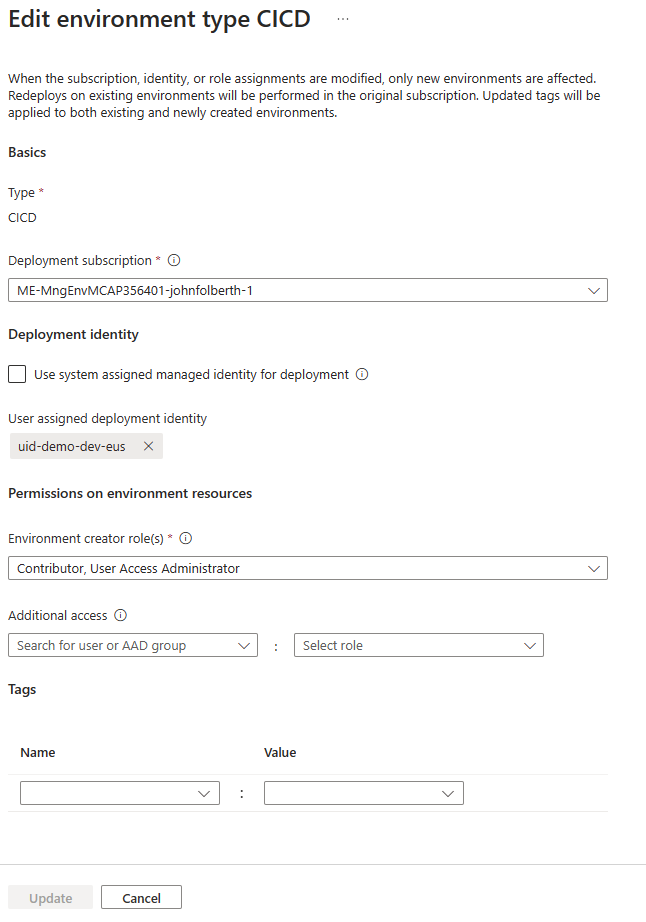 Screenshot of an Environment type labled CICD in a Dev Center Project